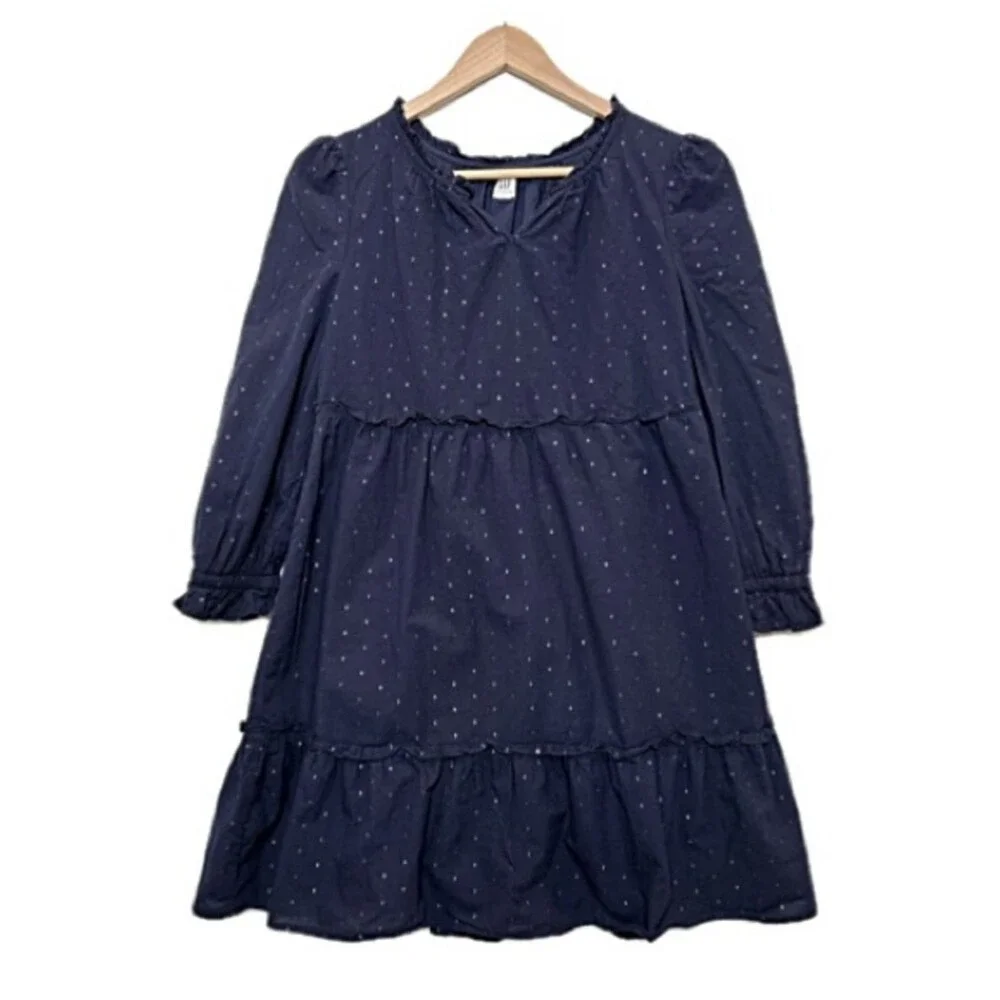GAP Kids Girls Long Sleeve Tiered Ruffle Dress Size XL 12-13 Navy Metallic Dot